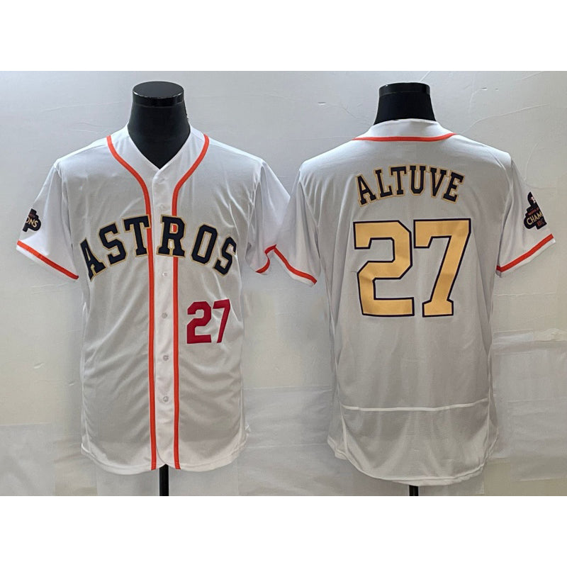 marshops Houston Astros #27 Jose Altuve Number 2023 White  Gold World Serise Champions Patch Flex Base Stitched Jersey