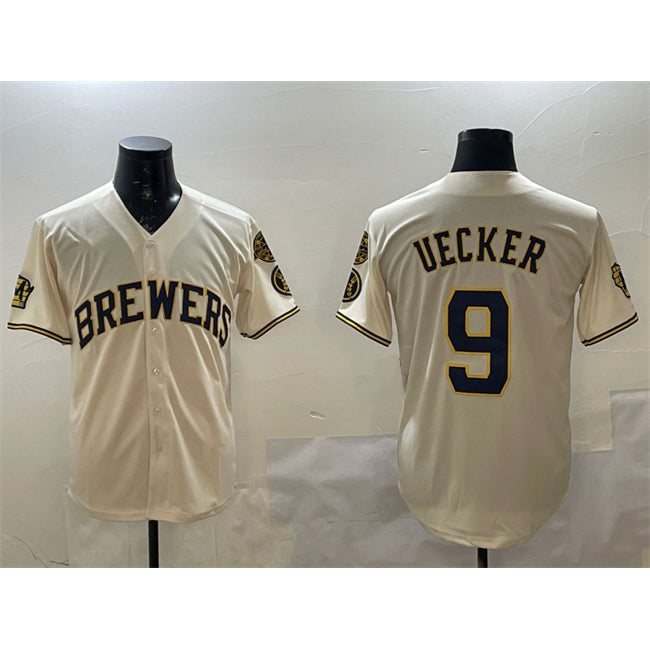 marshops Milwaukee Brewers #9 Bob Uecker Cream  With Home Patch Stitched Jersey