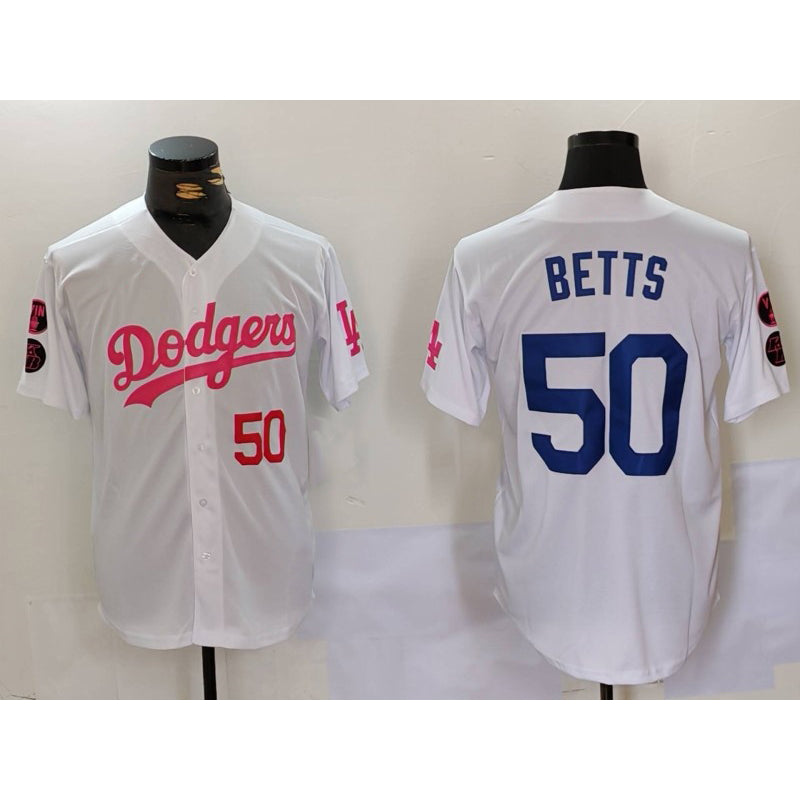 marshops Los Angeles Dodgers #50 Mookie Betts White Pink  Vin & Kobe Patch Stitched Jersey 2