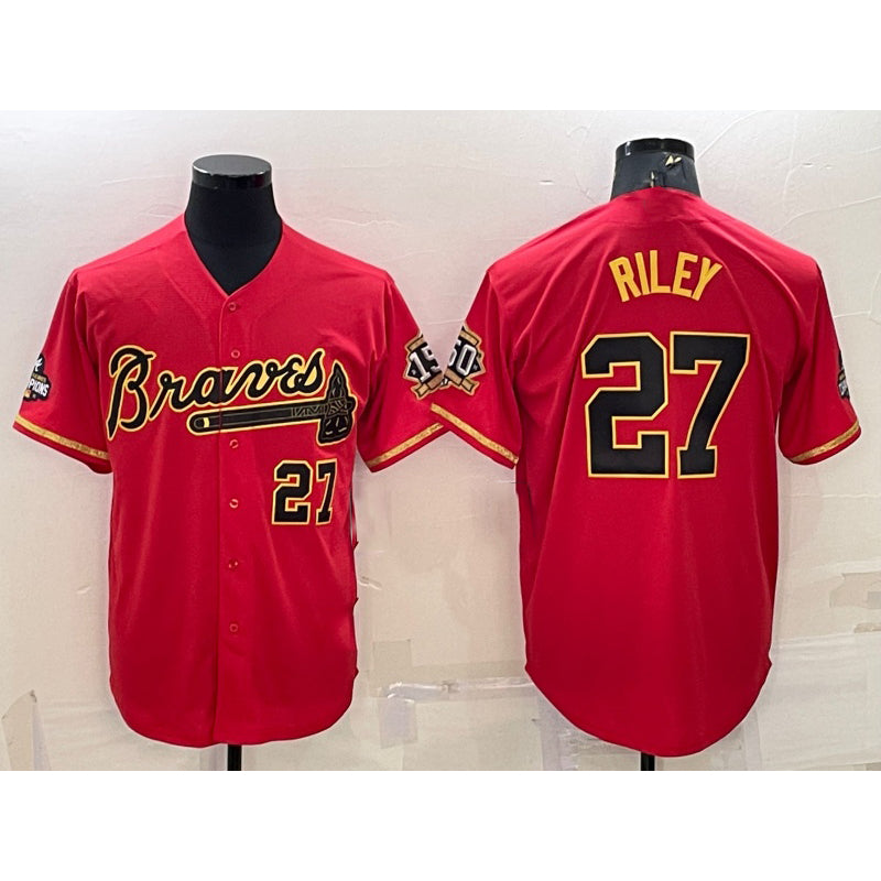 marshops Atlanta Braves #27 Austin Riley Red Gold  World Series Champions Program Cool Base Stitched Jersey