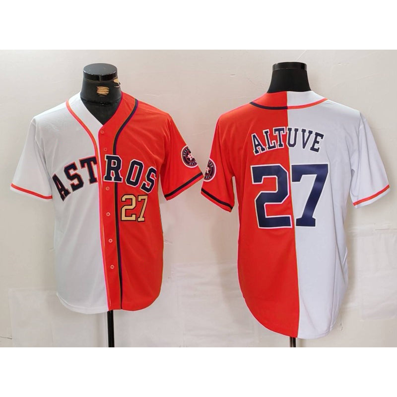 marshops Houston Astros #27 Jose Altuve White Orange  Blue Number Split Stitched Jerseys