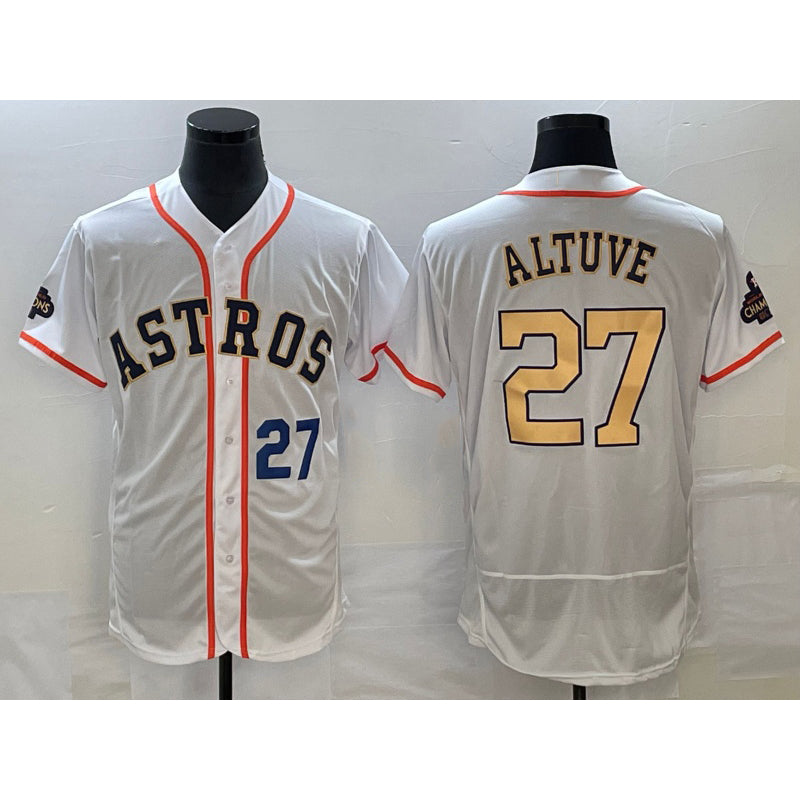 marshops Houston Astros #27 Jose Altuve Number 2023 White  Gold World Serise Champions Patch Flex Base Stitched Jersey 2