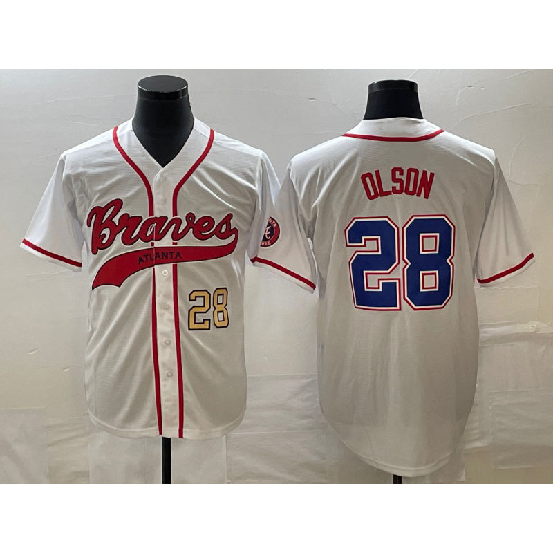 marshops Atlanta Braves #28 Matt Olson Number White  Cool Base With Patch Stitched Jersey