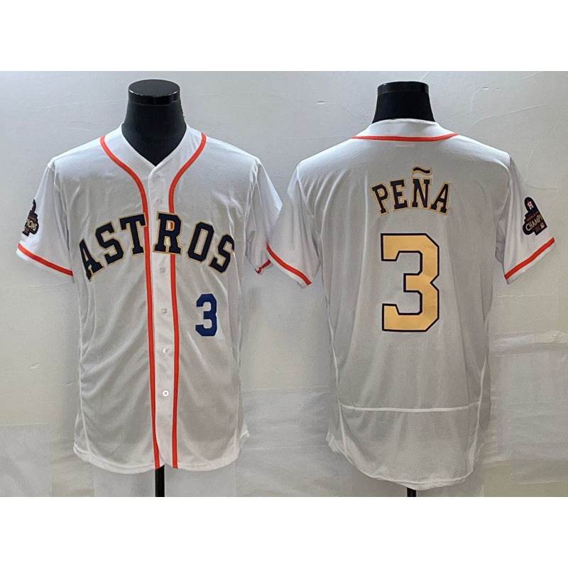 marshops Houston Astros #3 Jeremy Pena Number 2023 White Gold  World Serise Champions Patch Flex Base Stitched Jersey 3