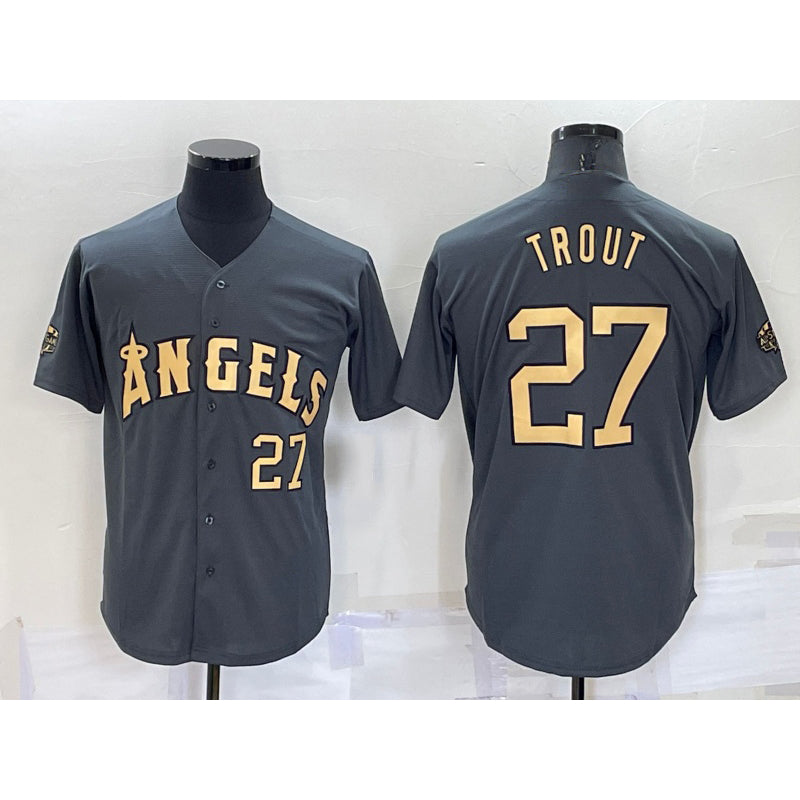 marshops Los Angeles Angels #27 Mike Trout Number Grey  2022 All Star Stitched Cool Base Jersey