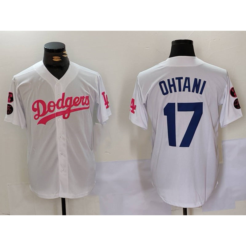 marshops Los Angeles Dodgers #17 Shohei Ohtani White Pink  Vin & Kobe Patch Stitched Jersey 2