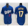 marshops Los Angeles Dodgers #17 Shohei Ohtani Number Blue Gold  Stitched Cool Base Jerseys