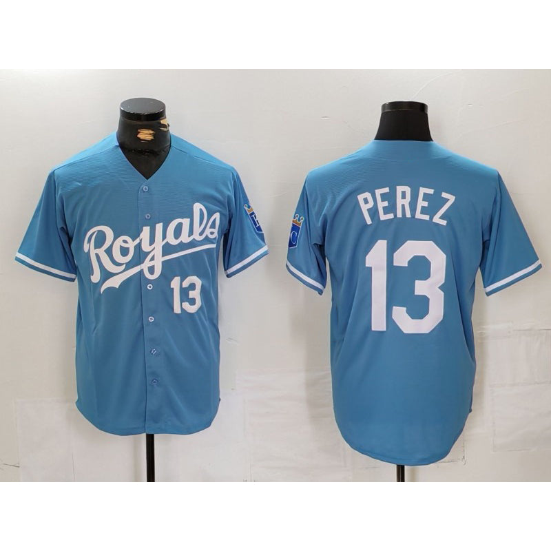 marshops Kansas City Royals #13 Salvador Perez Number Light Blue  Cool Base Stitched Jersey