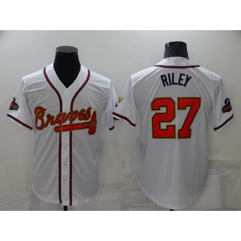 marshops Atlanta Braves #27 Austin Riley 2022 White Gold  World Series Champions Program Cool Base Stitched Jersey
