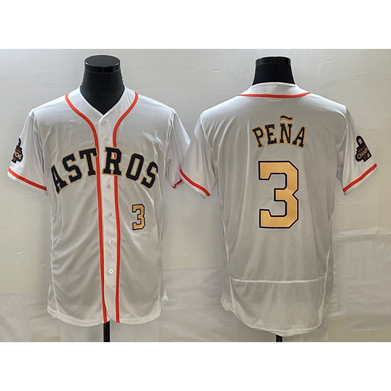 marshops Houston Astros #3 Jeremy Pena Number 2023 White Gold  World Serise Champions Patch Flex Base Stitched Jersey 2
