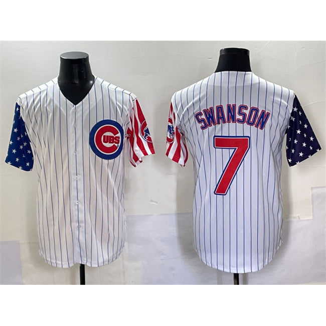 marshops Chicago Cubs #7 Dansby Swanson White  Pinstripe 2025 Independence Day Vapor Premier Limited Stitched Jersey