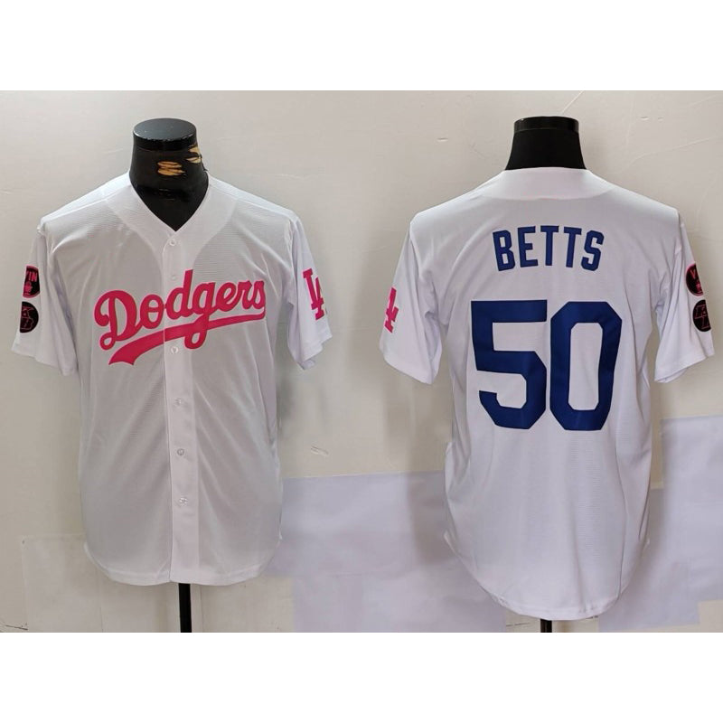 marshops Los Angeles Dodgers #50 Mookie Betts White Pink  Vin & Kobe Patch Stitched Jersey1