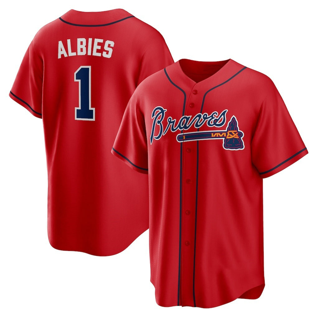 marshops Atlanta Braves #1 Ozzie Albies Red  Alternate 2 Replica Jersey