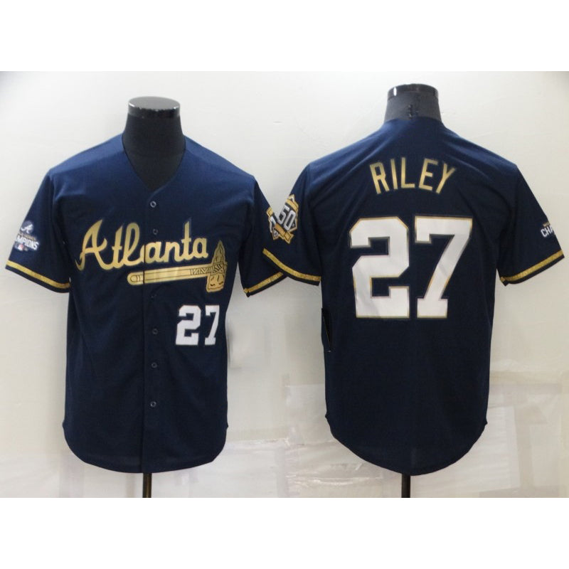marshops Atlanta Braves #27 Austin Riley 2022 Navy Blue  2021 World Series Champions Golden Edition Stitched Cool Base Jersey