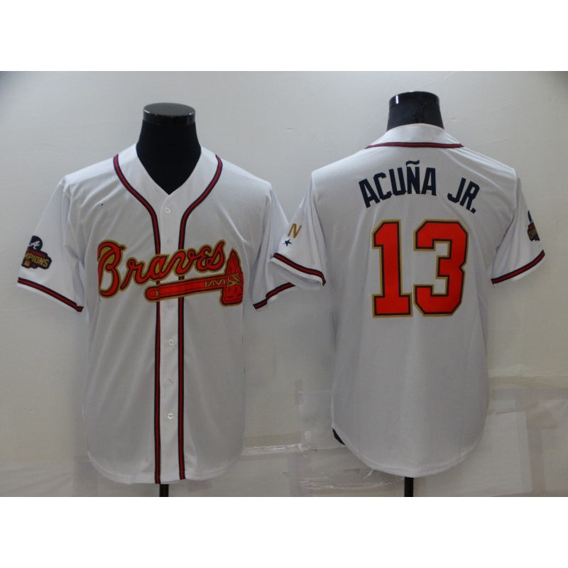 marshops Atlanta Braves #13 Ronald Acuna Jr 2022 White Gold  World Series Champions Program Cool Base Stitched Jersey