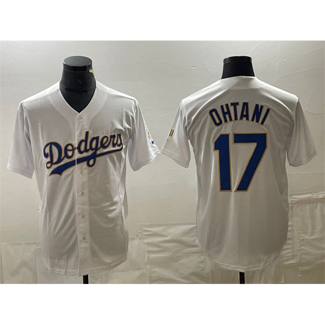 marshops Los Angeles Dodgers #17 Shohei Ohtani White Gold  Cool Base With Patch Stitched Jersey