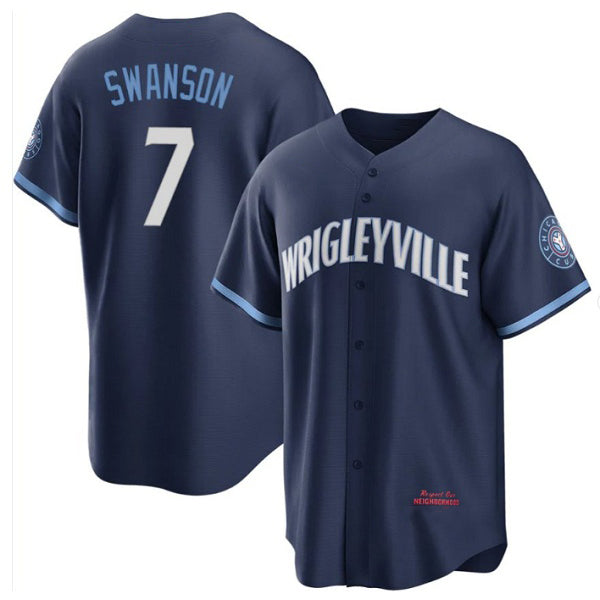 marshops Chicago Cubs #7 Dansby Swanson Navy  City Connect Cool Base Stitched Jersey
