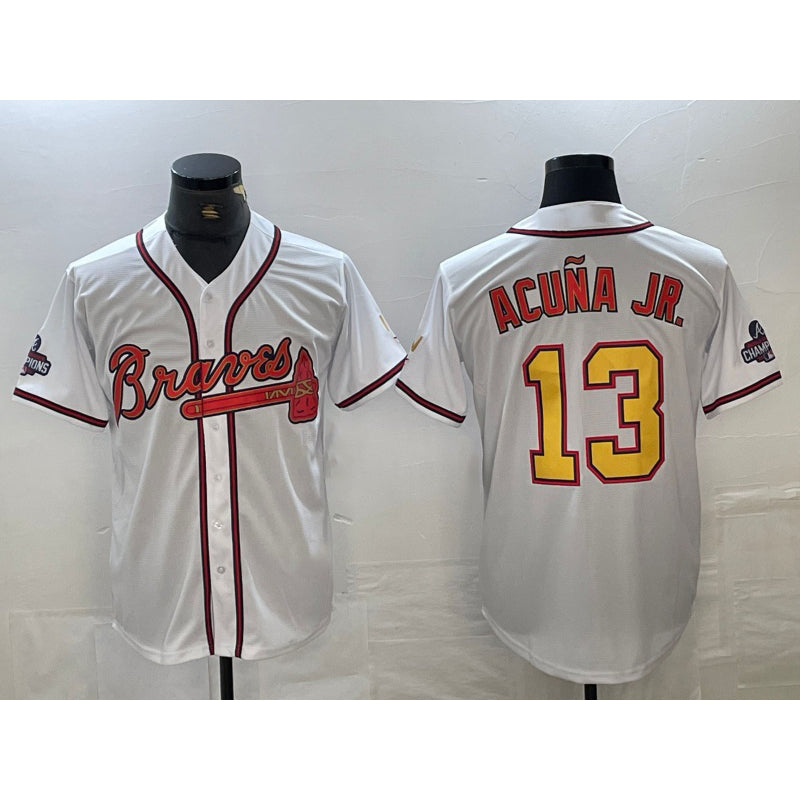 marshops Atlanta Braves #13 Ronald Acuna Jr White Gold  2021 World Series Champions Stitched Cool Base Jersey
