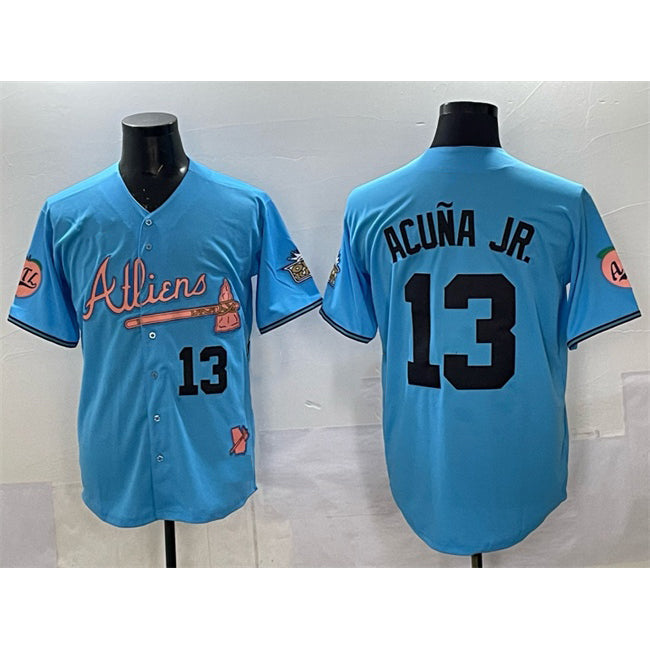 marshops Atlanta Braves #13 Ronald Acuna Jr. Blue  2024 Atliens & Peach With Outkast Patch Vapor Limited Stitched Jersey