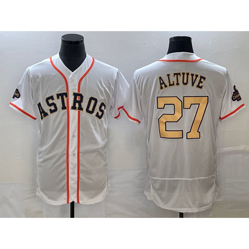 marshops Houston Astros #27 Jose Altuve 2023 White Gold  World Serise Champions Patch Flex Base Stitched Jersey