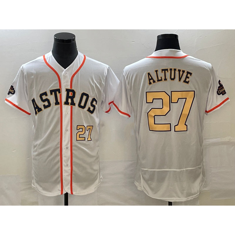 marshops Houston Astros #27 Jose Altuve Number 2023 White  Gold World Serise Champions Patch Flex Base Stitched Jersey 3