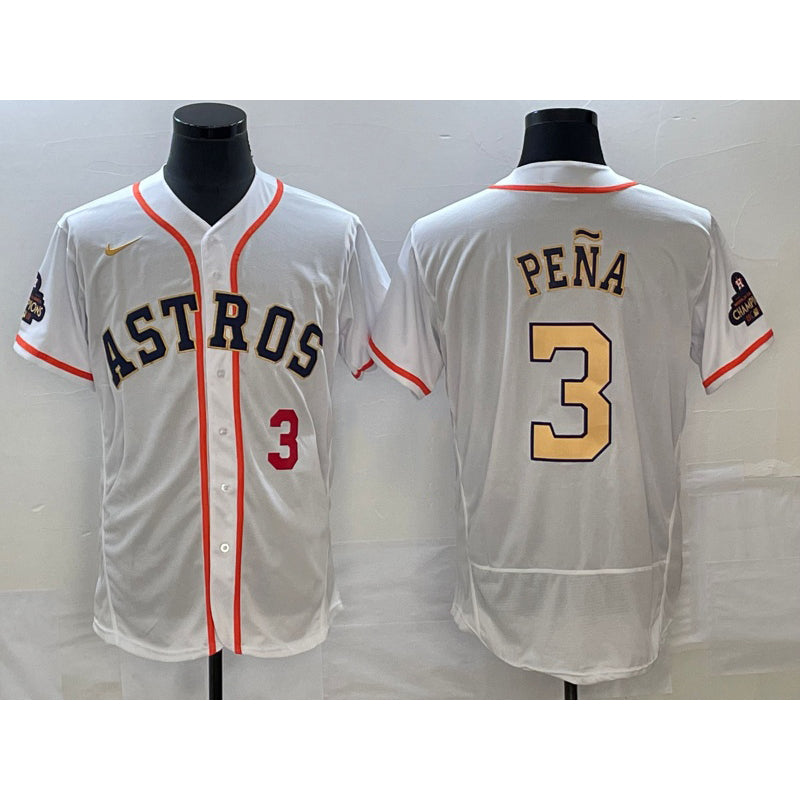 marshops Houston Astros #3 Jeremy Pena Number 2023 White Gold  World Serise Champions Patch Flex Base Stitched Jersey