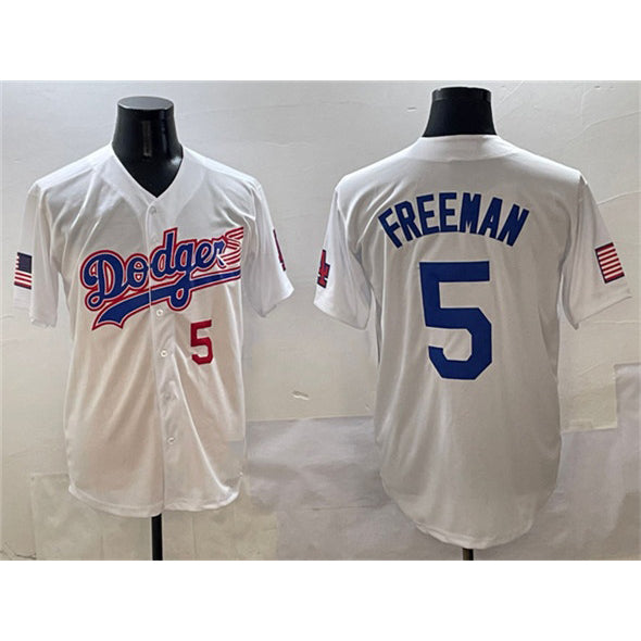 marshops Los Angeles Dodgers #5 Freddie Freeman White  With American Flag Patch Limited Stitched Jersey