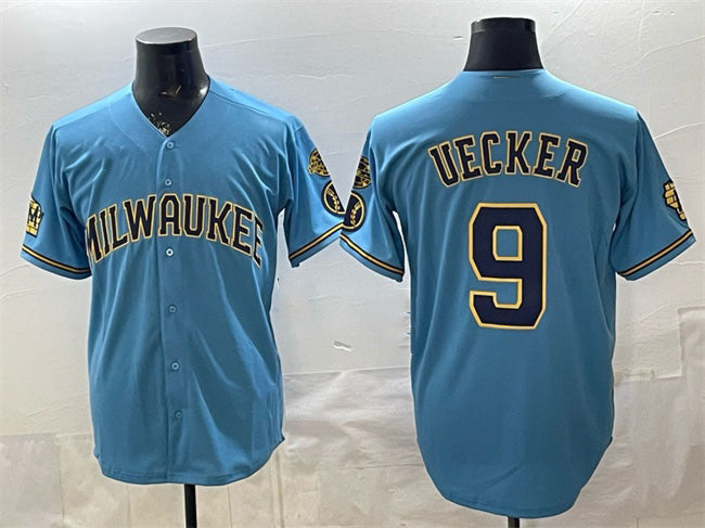 marshops Milwaukee Brewers #9 Bob Uecker Blue  With Home & Bob Uecker Patch Stitched Jersey