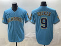 marshops Milwaukee Brewers #9 Bob Uecker Blue  With Home & Bob Uecker Patch Stitched Jersey