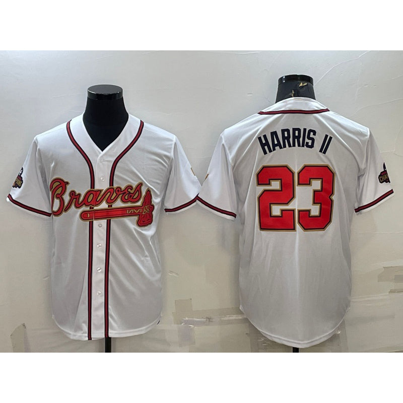 marshops Atlanta Braves #23 Michael Harris II White Gold  World Series Champions Program Cool Base Stitched Jersey