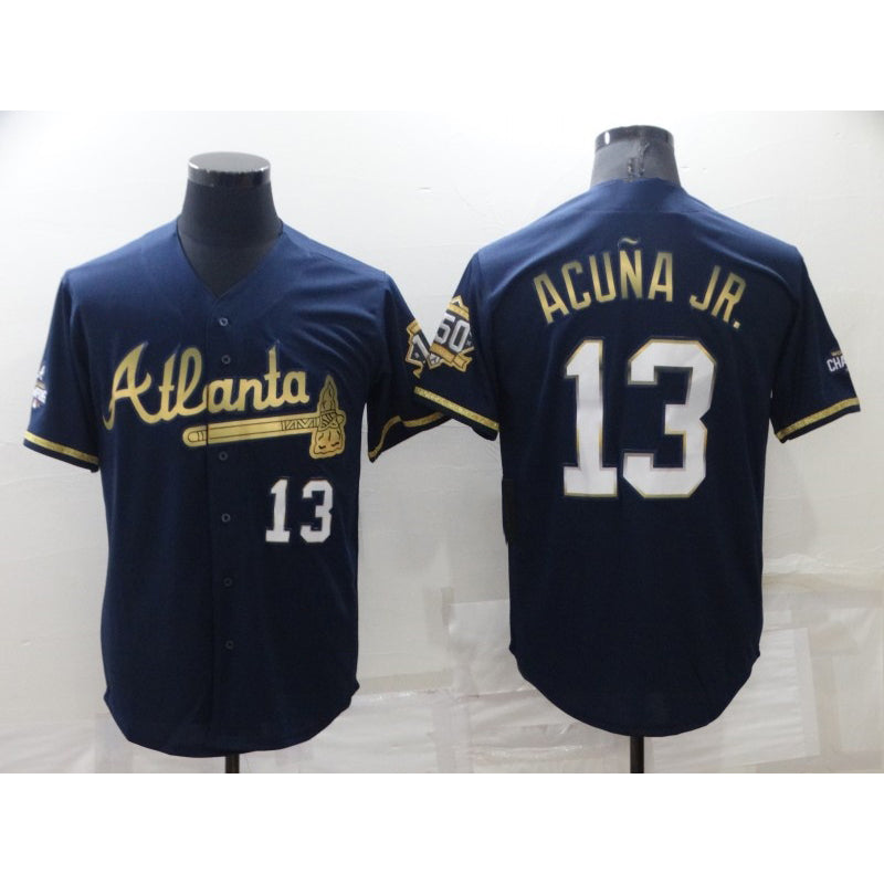 marshops Atlanta Braves #13 Ronald Acuna Jr Navy Blue  2021 World Series Champions Golden Edition Stitched Cool Base Jersey