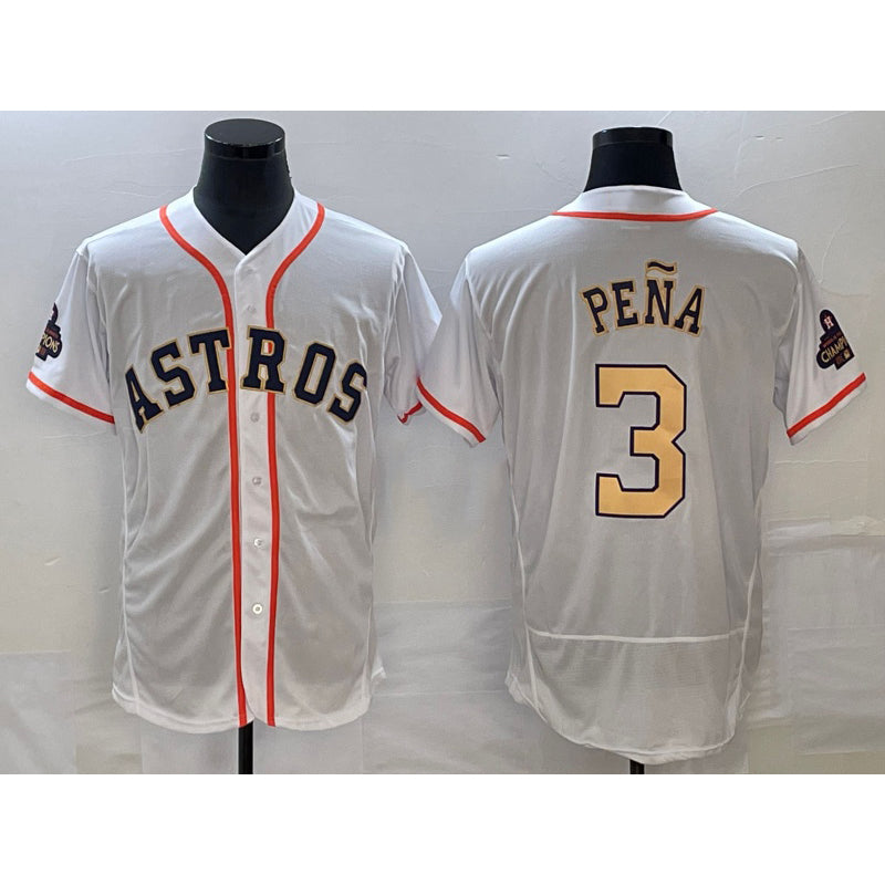 marshops Houston Astros #3 Jeremy Pena 2023 White Gold  World Serise Champions Patch Flex Base Stitched Jersey