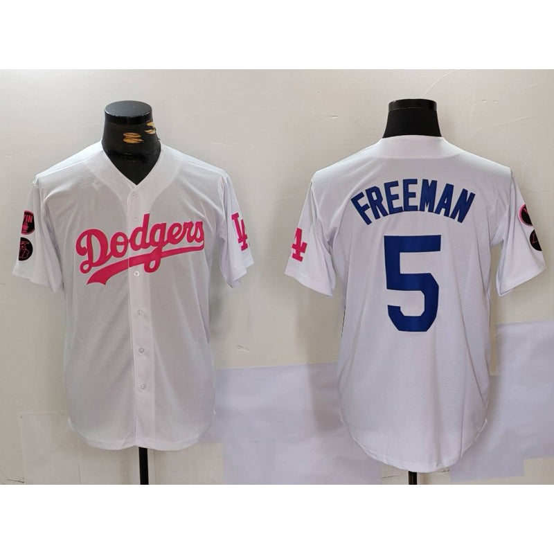 marshops Los Angeles Dodgers #5 Freddie Freeman White Pink  Vin & Kobe Patch Stitched Jersey 2