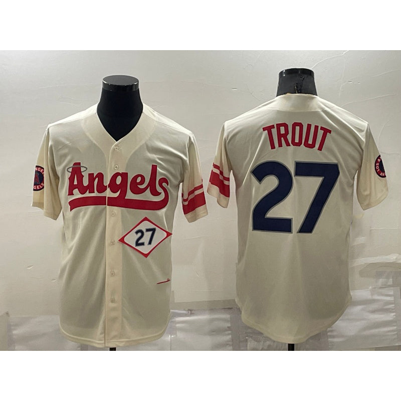 marshops Los Angeles Angels #27 Mike Trout Number Cream  2022 City Connect Cool Base Stitched Jersey