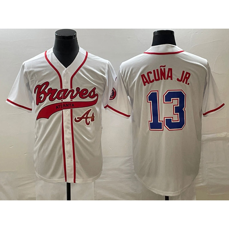 marshops Atlanta Braves #13 Ronald Acuna Jr White  Cool Base With Patch Stitched Jersey 2