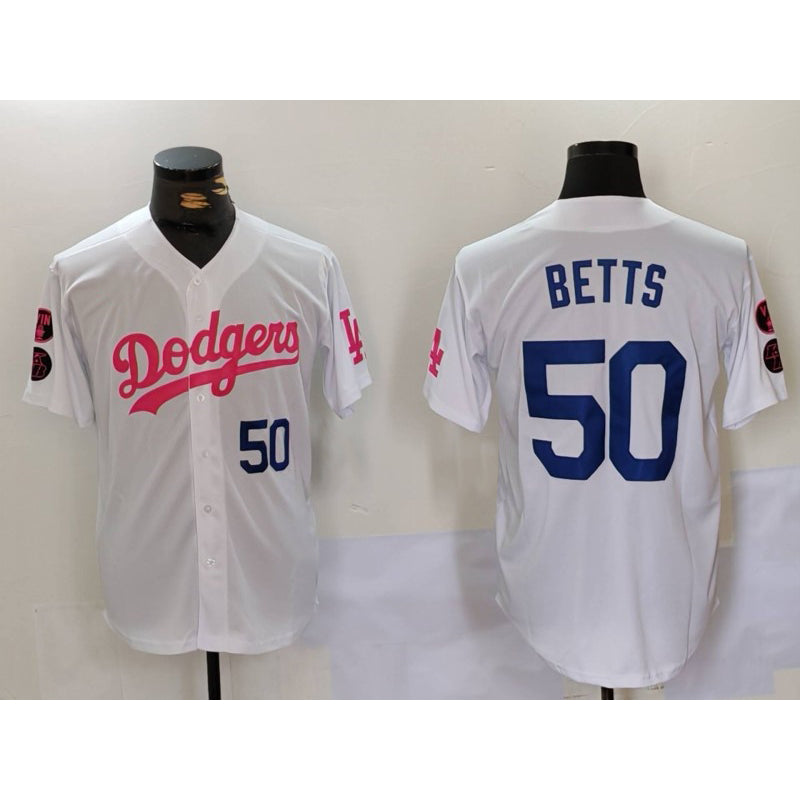marshops Los Angeles Dodgers #50 Mookie Betts White Pink  Vin & Kobe Patch Stitched Jerseys