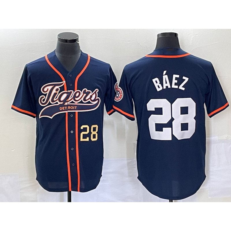 marshops Detroit Tigers #28 Javier Baez Number Navy Blue  Cool Base Stitched Jersey