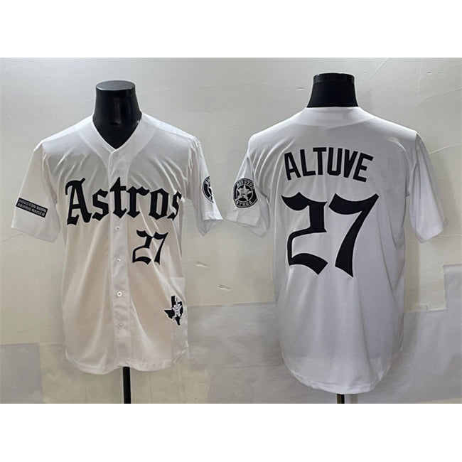 marshops Houston Astros #27 Jose Altuve White  Gothic 'Houston Born Barrio Raised' Limited Stitched Jersey
