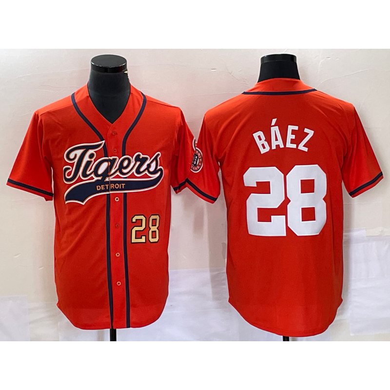 marshops Detroit Tigers #28 Javier Baez Number Orange  Cool Base Stitched Jersey
