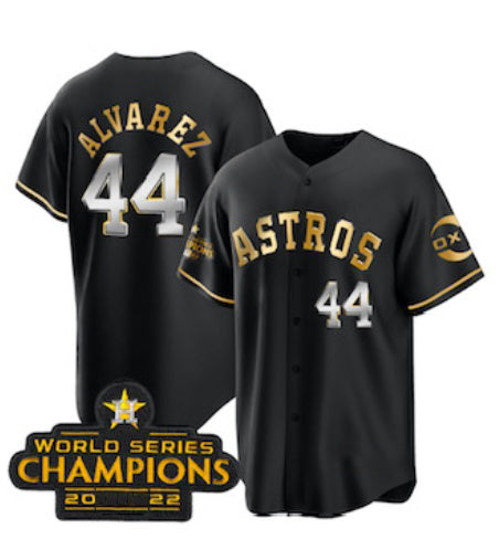 marshops Houston Astros #44 Yordan Alvarez Black Gold  2022 World Serise Champions Patch Stitched Jersey