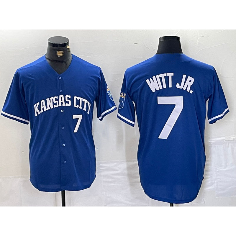 marshops Kansas City Royals #7 Bobby Witt Jr Number Blue  Cool Base Stitched Jersey
