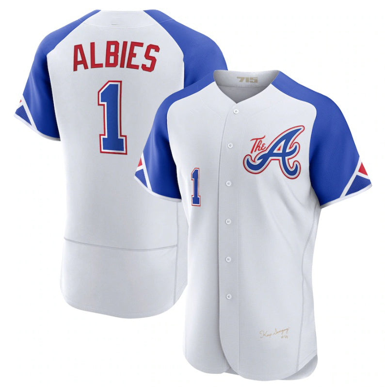 marshops Atlanta Braves #1 Ozzie Albies White  2023 City Connect Flex Base Stitched Jersey