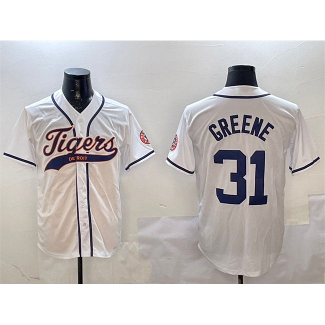 marshops Detroit Tigers #31 Riley Greene White  With Patch Cool Base Stitched Jersey