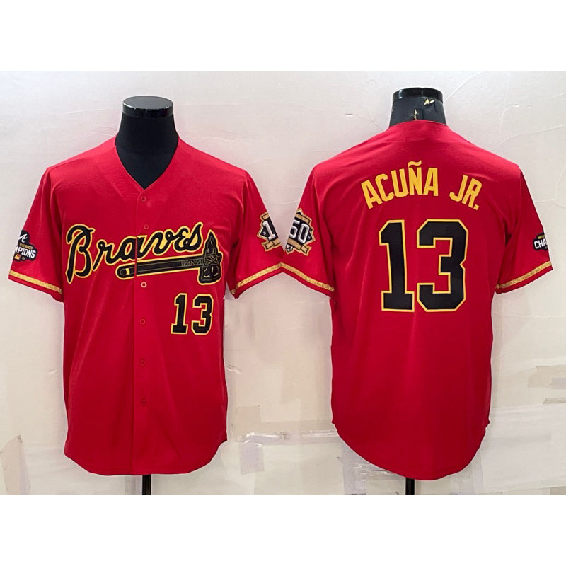 marshops Atlanta Braves #13 Ronald Acuna Jr Red Gold  World Series Champions Program Cool Base Stitched Jersey