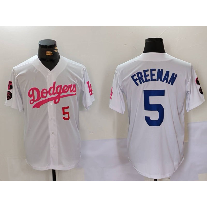 marshops Los Angeles Dodgers #5 Freddie Freeman White Pink  Vin & Kobe Patch Stitched Jerseys