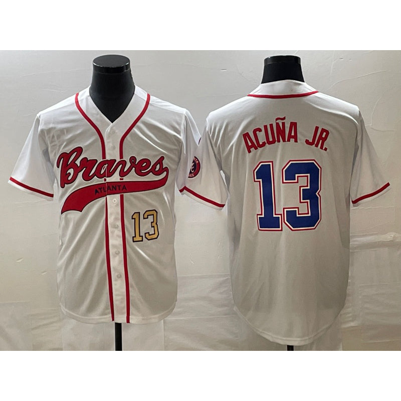 marshops Atlanta Braves #13 Ronald Acuna Jr Number White  Cool Base With Patch Stitched Jersey