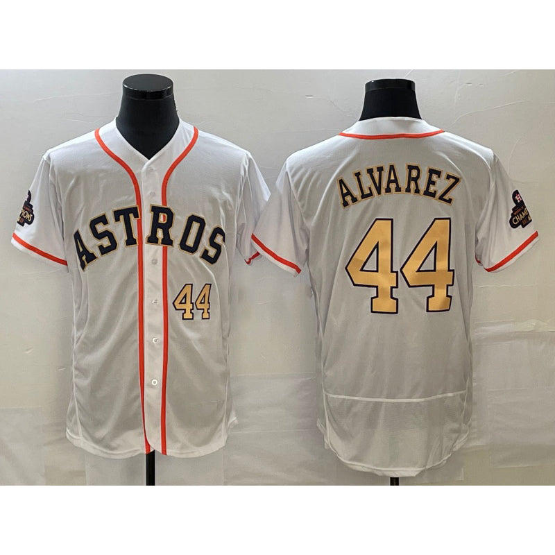 marshops Houston Astros #44 Yordan Alvarez Number 2023 White Gold  World Serise Champions Patch Flex Base Stitched Jersey 2