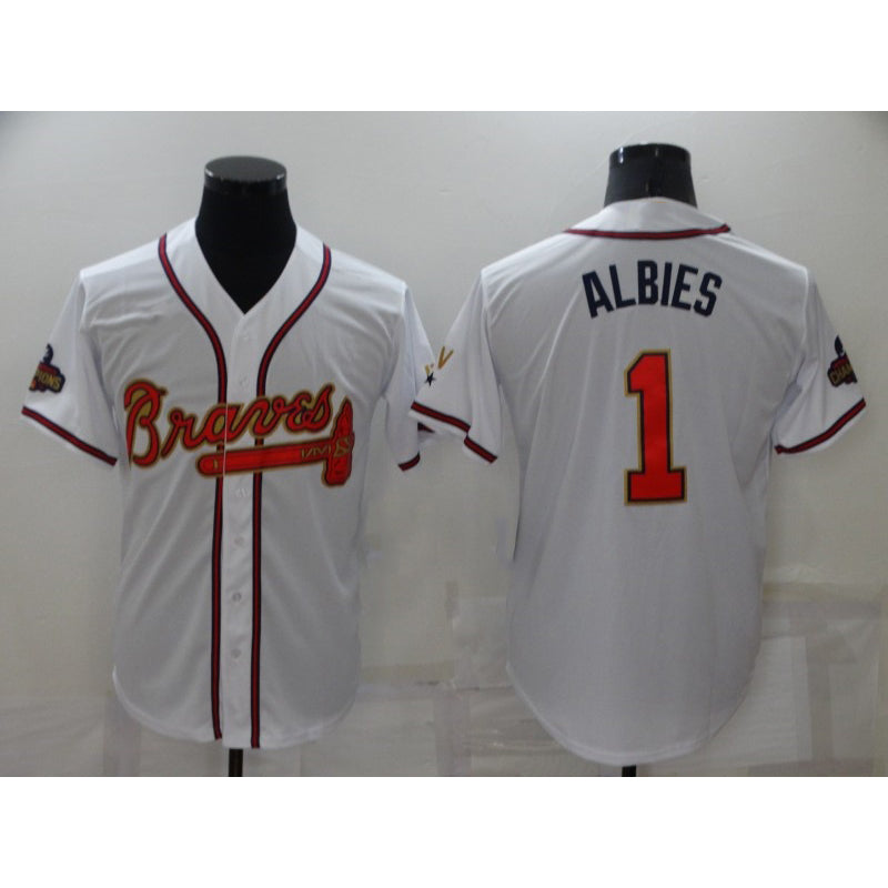 marshops Atlanta Braves #1 Ozzie Albies 2022 White Gold  World Series Champions Program Cool Base Stitched Jersey