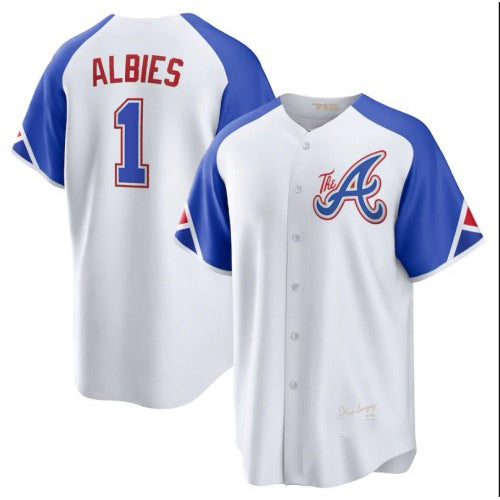 marshops Atlanta Braves #1 Ozzie Albies White  2023 City Connect Cool Base Stitched Jersey