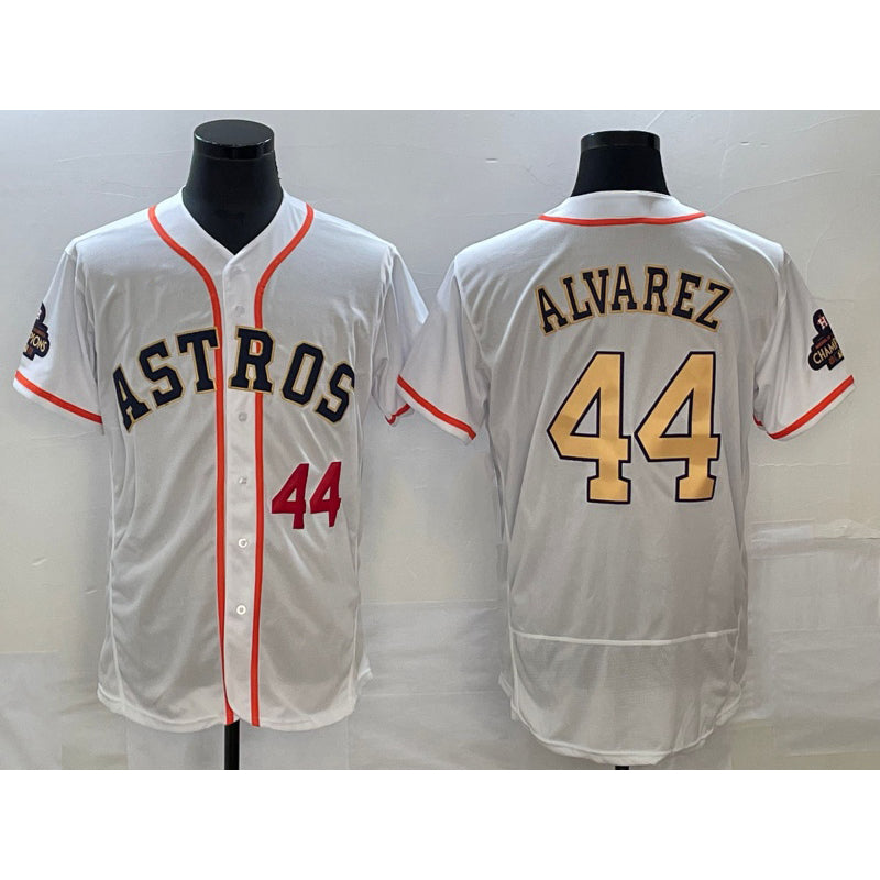 marshops Houston Astros #44 Yordan Alvarez Number 2023 White Gold  World Serise Champions Patch Flex Base Stitched Jersey